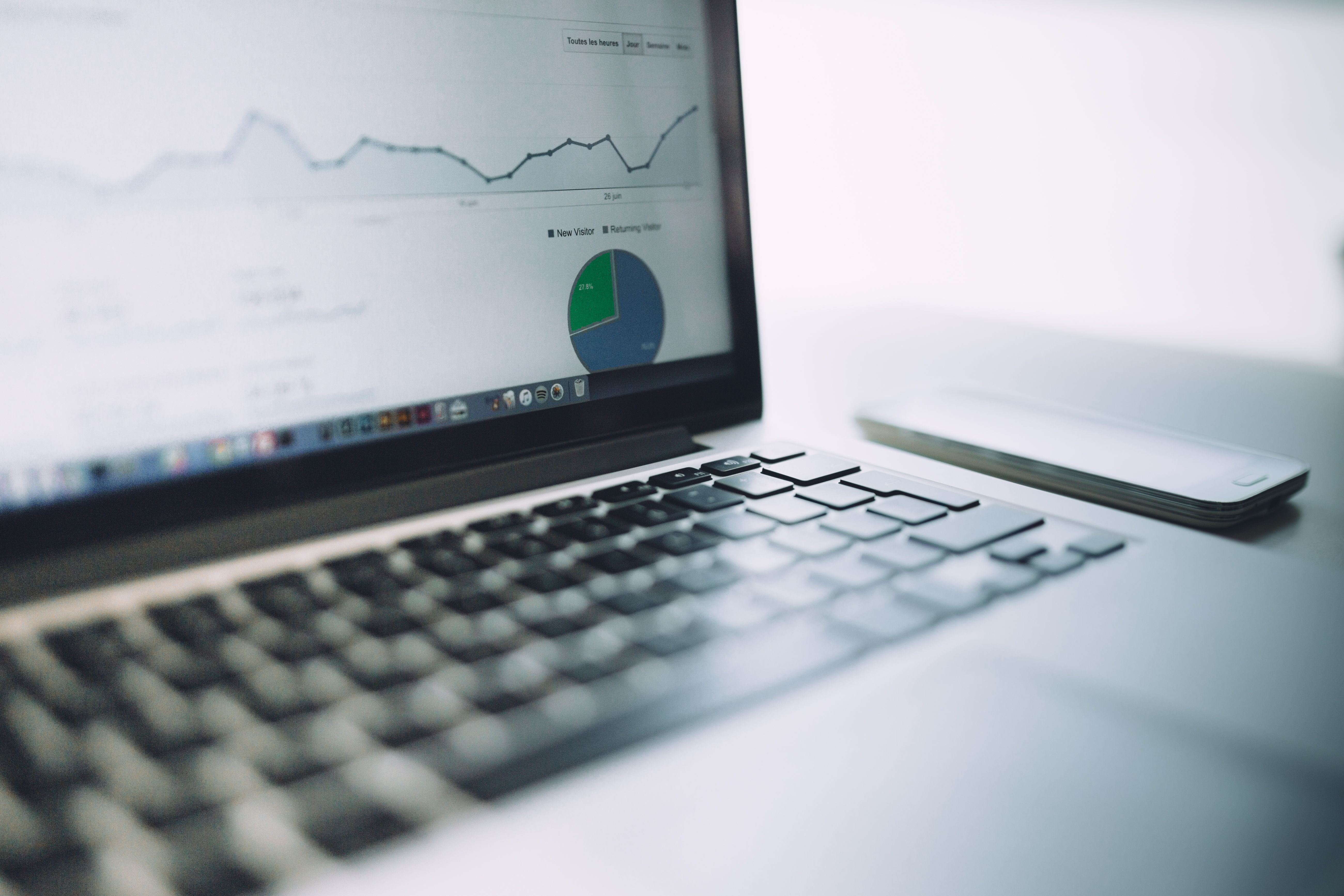 Laptop with analytics dashboard and graphs
