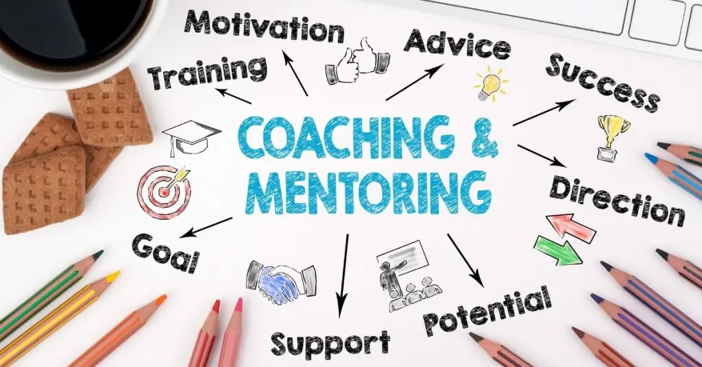 Coaching and Mentoring diagram showing training, advice, goal, success, direction, and potential